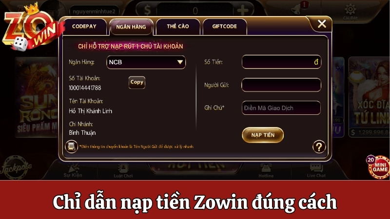 Chỉ dẫn nạp tiền Zowin đúng cách với 3 bước đơn giản